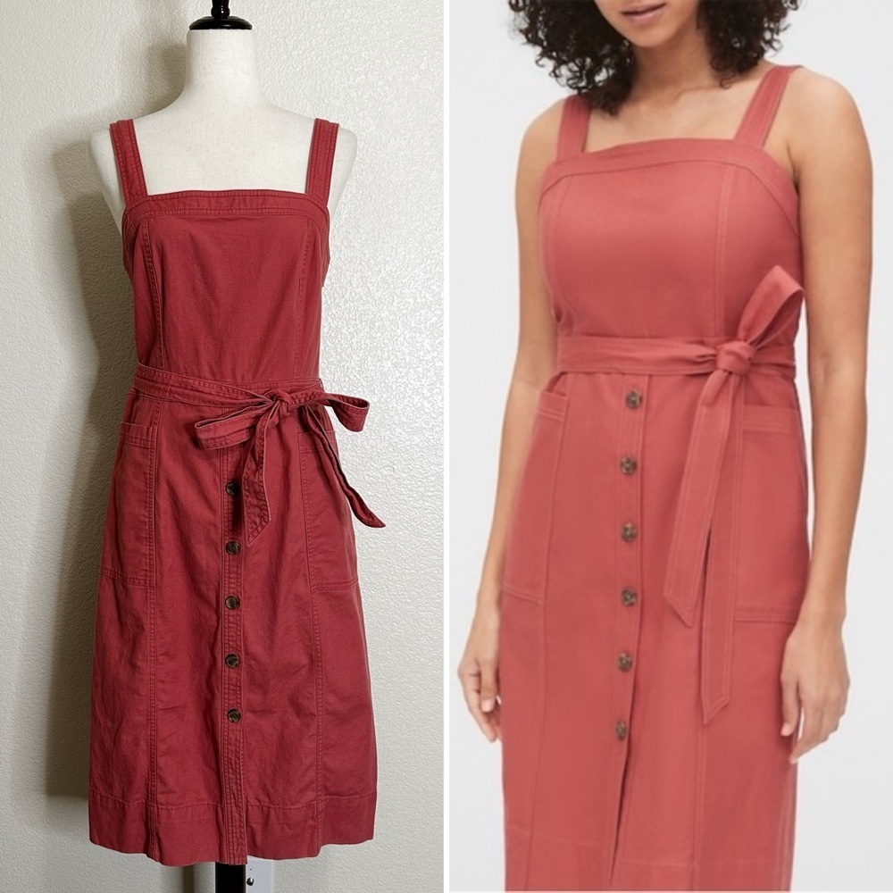 GAP Linen Blend Button-Front Apron Midi Dress, Size 8 Tall